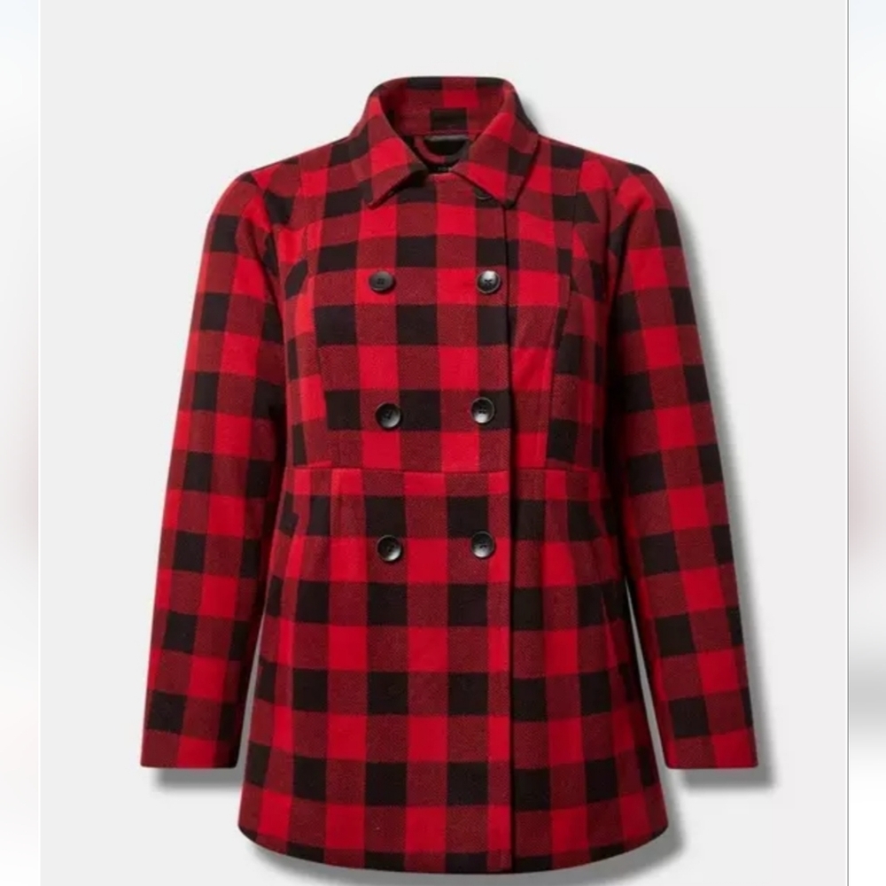 Torrid Size 2 NEW Red & Black Plaid Peacoat - Picture 3 of 9